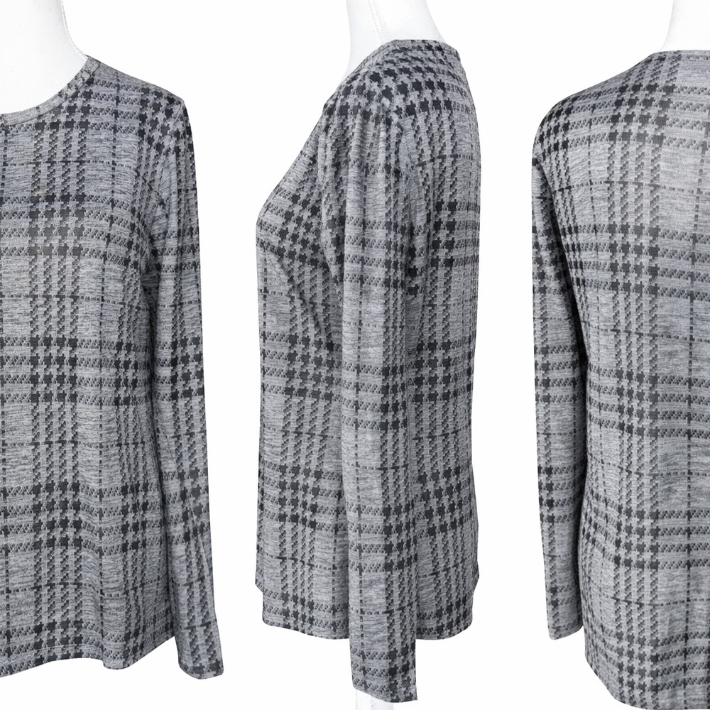 Pure Amici Grey Plaid Knit Top  w/ Subtle Gold Metallic Thread | Large